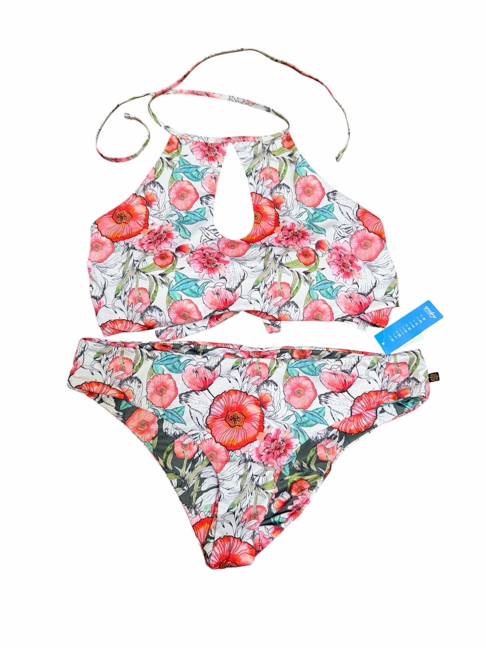 LA VIE EN ROSE Aqua Floral Halter Bikini Set in Coral & Green Size XL BRAND NEW